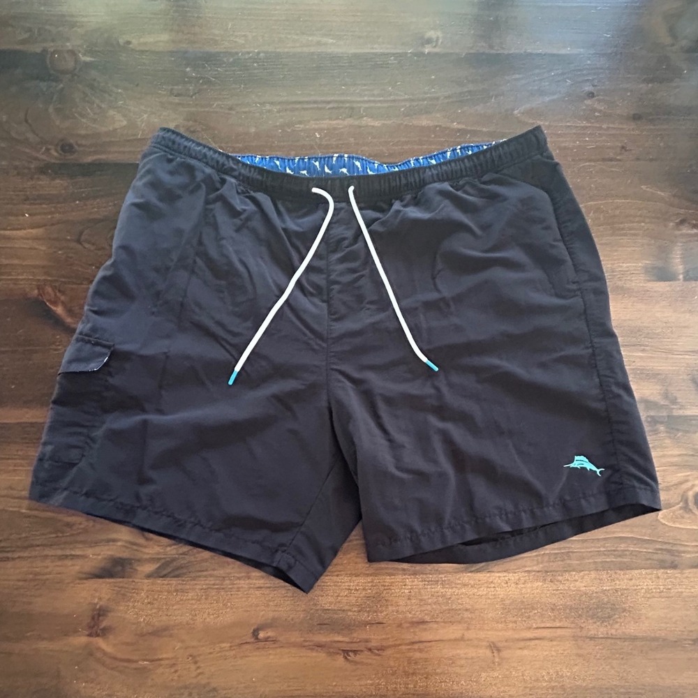 Tommy Bahama Swim Trunks 2XLT Black Marlin Logo Cargo Mesh Lined Beachwear Surf